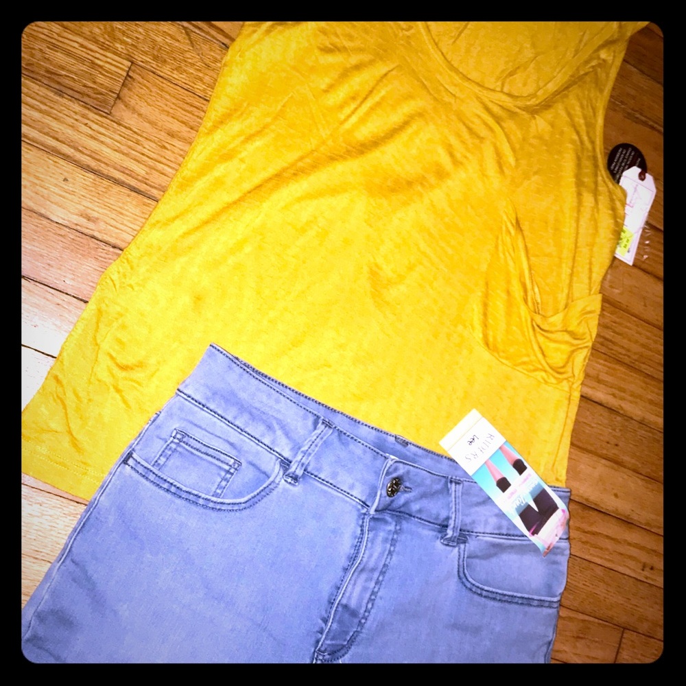 2Piece AdamLevine yellowCami w/stretchy Denimcapri